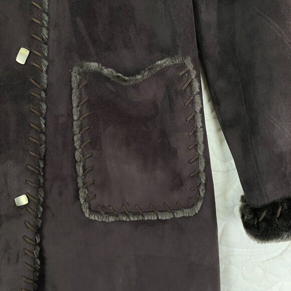Dana Buchman Fur Lined Pea Coat Size Medium Chocolate Brown Faux Suede - Picture 6 of 12